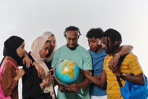 A diverse group of students is gathered around a globe, engrossed in exploration and study, their vibrant energy captured against a pristine white background, symbolizing unity and curiosity in their photo