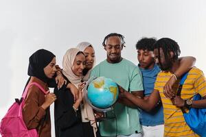 A diverse group of students is gathered around a globe, engrossed in exploration and study, their vibrant energy captured against a pristine white background, symbolizing unity and curiosity in their photo