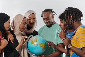 A diverse group of students is gathered around a globe, engrossed in exploration and study, their vibrant energy captured against a pristine white background, symbolizing unity and curiosity in their photo