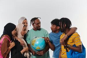 A diverse group of students is gathered around a globe, engrossed in exploration and study, their vibrant energy captured against a pristine white background, symbolizing unity and curiosity in their photo