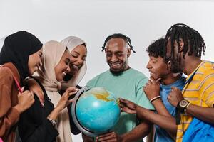 A diverse group of students is gathered around a globe, engrossed in exploration and study, their vibrant energy captured against a pristine white background, symbolizing unity and curiosity in their photo