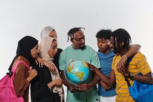 A diverse group of students is gathered around a globe, engrossed in exploration and study, their vibrant energy captured against a pristine white background, symbolizing unity and curiosity in their photo