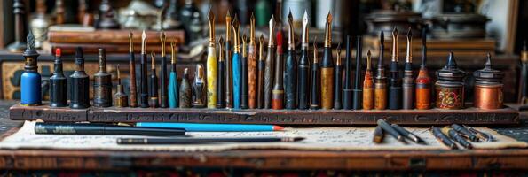 Assortment of Calligraphy Pens Arranged in a Row on Wooden Desk photo