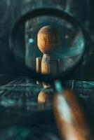 A small wooden object is magnified through a magnifying glass photo