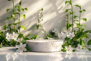 Marble pedestal for product presentation with lush green foliage and blossoms. photo