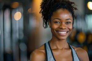 Beautiful Woman Smiling In Gym Setting photo