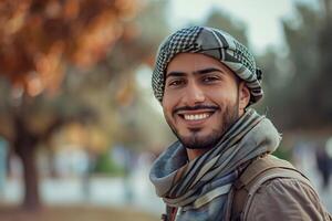 Smiling Man Wearing Traditional Headscarf photo