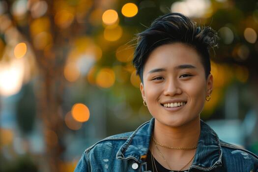 Stylish Non-Binary Person Smiling Outdoors photo