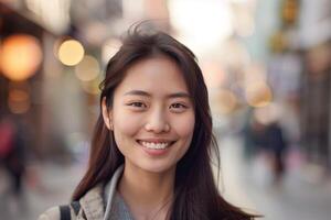 Young Asian Woman Smiling Outdoors photo