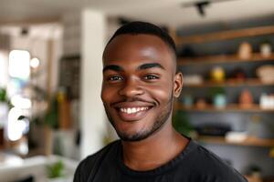 Young Man Smiling Inside Modern Home photo
