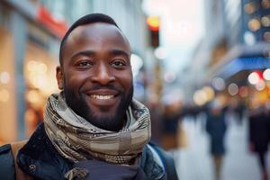 Smiling Man In Busy City Street photo