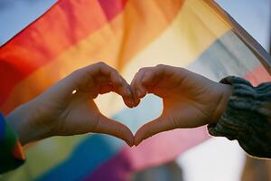 Hands Forming Heart Against Pride Flag photo