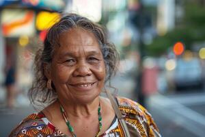 Elderly Woman Smiling On Busy Street photo