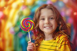 Happy Girl Holding Colorful Lollipop photo