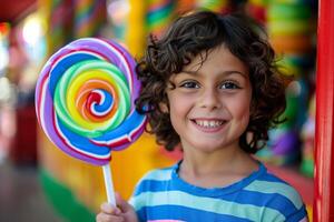 Happy Child Holding Giant Lollipop photo