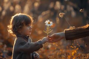 Little Child Receives A Daisy Flower photo