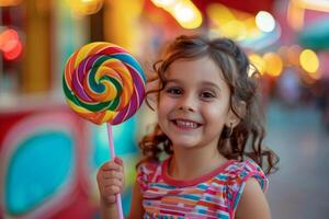 Happy Child Holding Colorful Lollipop photo