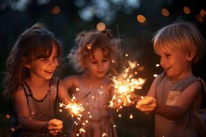 Children Celebrating With Sparklers Outdoors photo