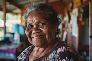 Elderly Woman Smiling In Rustic Home photo