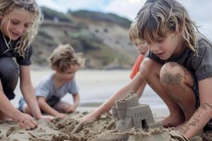 Children Building Sandcastles On Beach photo