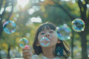 Joyful Child Playing With Bubbles photo