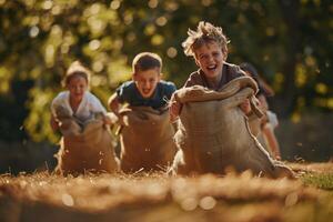 Joyful Children Racing In Burlap Sacks photo