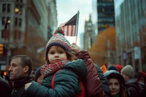 Child On Shoulders Holding American Flag photo