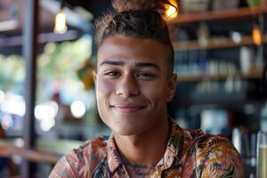 Young Man Smiling In Patterned Shirt photo