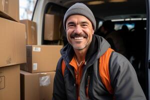 Smiling Delivery Man With Cardboard Boxes photo