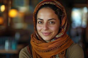 Smiling Woman Wearing Colorful Scarf photo