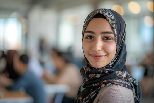 Smiling Individual In Floral Patterned Hijab photo