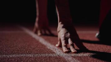 Waiting For Start, Closeup View Of Runner Hands On Floor, Man Standing In Low Start Position video