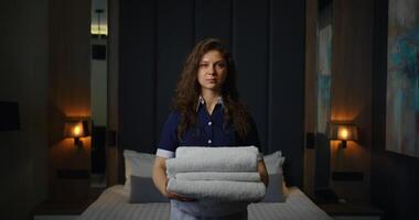 Professional Housekeeper Woman With White Towels In Hands In Hotel Room, Smiling To Camera, Portrait video