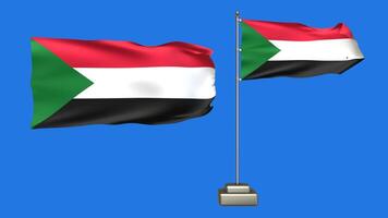 Sudan flag waving in the wind on a blue background. 3d Animation of a flag flying with a pole video