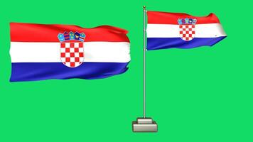 Croatia flag waving in the wind on a green background. 3d Animation of a flag flying with a pole video