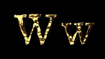 Upper and lower case W alphabet with golden fluid texture, latin script with bright yellow lava style, english letter with dented and horror look video