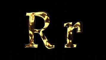 Upper and lower case R alphabet with golden fluid texture, latin script with bright yellow lava style, english letter with dented and horror look video