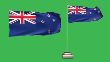 New Zealand flag waving in the wind on a green background. 3d Animation of a flag flying with a pole video