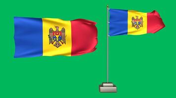 Moldova flag waving in the wind on a green background. 3d Animation of a flag flying with a pole video