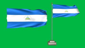 Nicaragua flag waving in the wind on a green background. 3d Animation of a flag flying with a pole video
