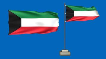 Kuwait flag waving in the wind on a blue background. 3d Animation of a flag flying with a pole video