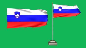 Slovenia flag waving in the wind on a green background. 3d Animation of a flag flying with a pole video