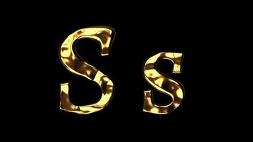 Upper and lower case S alphabet with golden fluid texture, latin script with bright yellow lava style, english letter with dented and horror look video