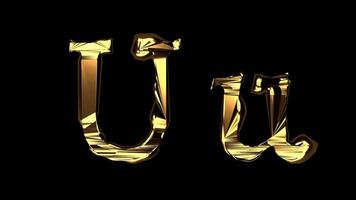 Upper and lower case U alphabet with golden fluid texture, latin script with bright yellow lava style, english letter with dented and horror look video