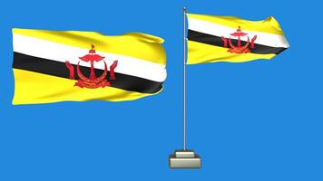 Brunei flag waving in the wind on a blue background. 3d Animation of a flag flying with a pole video