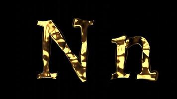 Upper and lower case N alphabet with golden fluid texture, latin script with bright yellow lava style, english letter with dented and horror look video