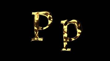 Upper and lower case P alphabet with golden fluid texture, latin script with bright yellow lava style, english letter with dented and horror look video