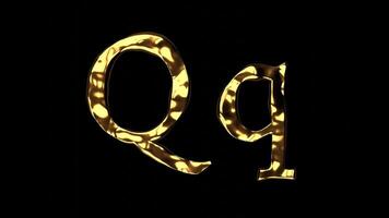 Upper and lower case Q alphabet with golden fluid texture, latin script with bright yellow lava style, english letter with dented and horror look video