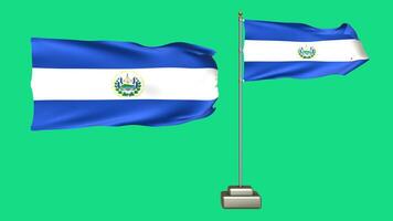 El Salvador flag waving in the wind on a blue background. 3d Animation of a flag flying with a pole video