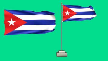Cuba flag waving in the wind on a green background. 3d Animation of a flag flying with a pole video